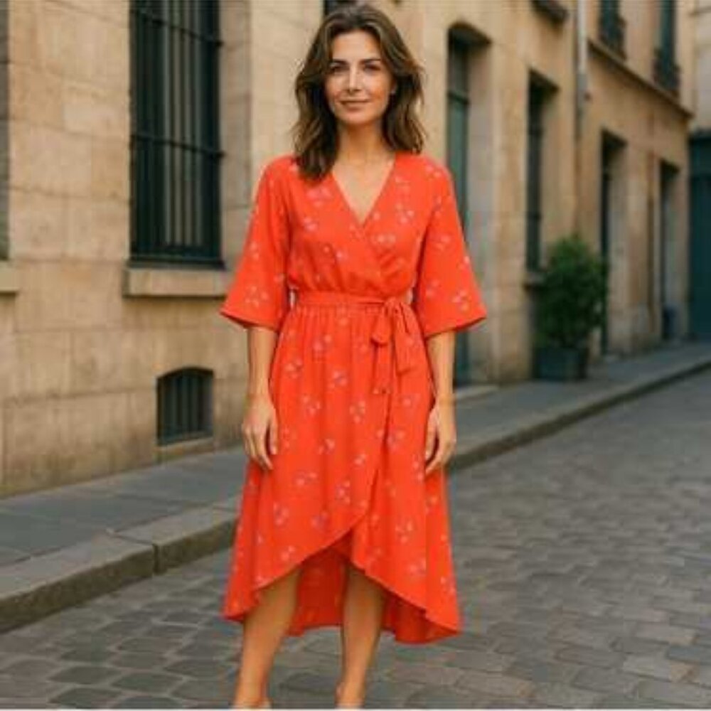 Joie Floral Red-Orange Kimono Sleeve Belted Wrap Hi-Low Dress Size S